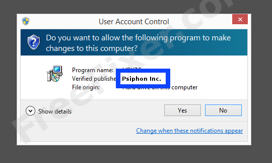 Screenshot where Psiphon Inc. appears as the verified publisher in the UAC dialog